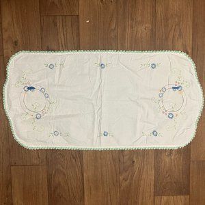 Vintage Handmade Linen Table-runner with Floral Design & Crochet Edge